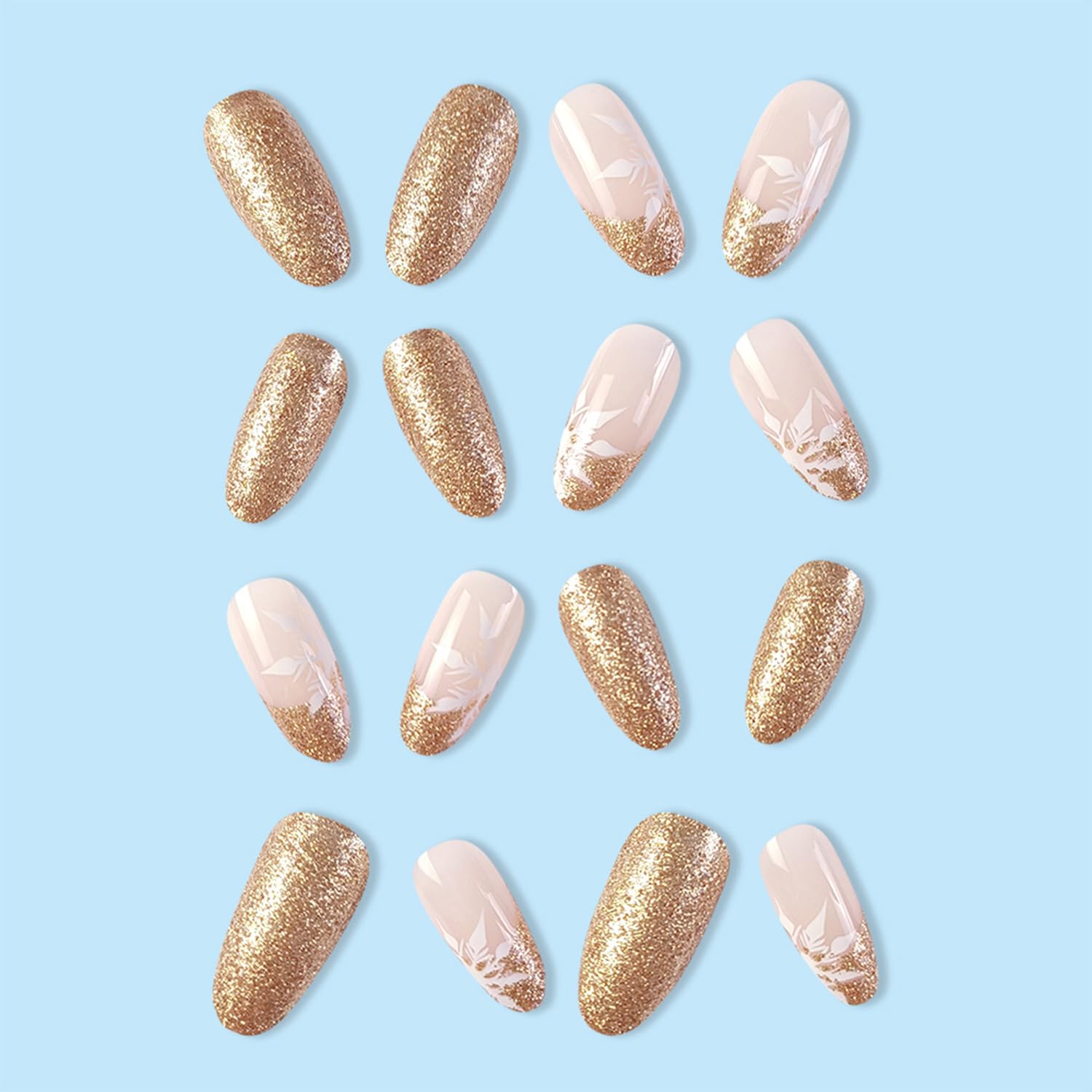 Snowflake Gold Glitter Press-On Nails Almond Shape Acrylic Fake Nails - Free Shipping