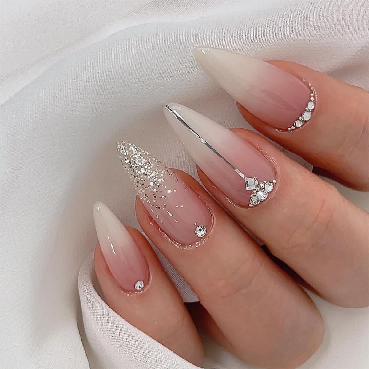 Chic Glitter and Rhinestones Almond French Tip Press on Nails- Free Shipping