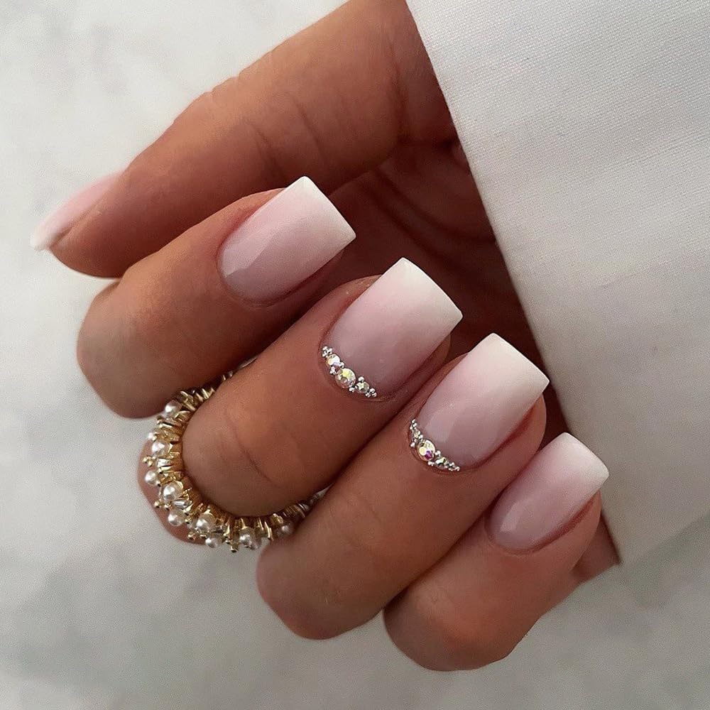 Elegant Rhinestone Ombre Press-On Nails Square Acrylic Fake Nails - Free Shipping