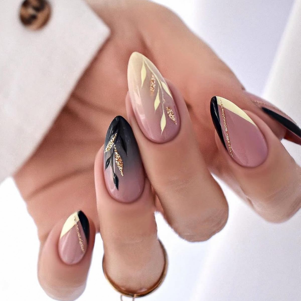 Black Sparkling Gold Glitter Leaves Press On Nails Acrylic Fake Nails - Free Shipping