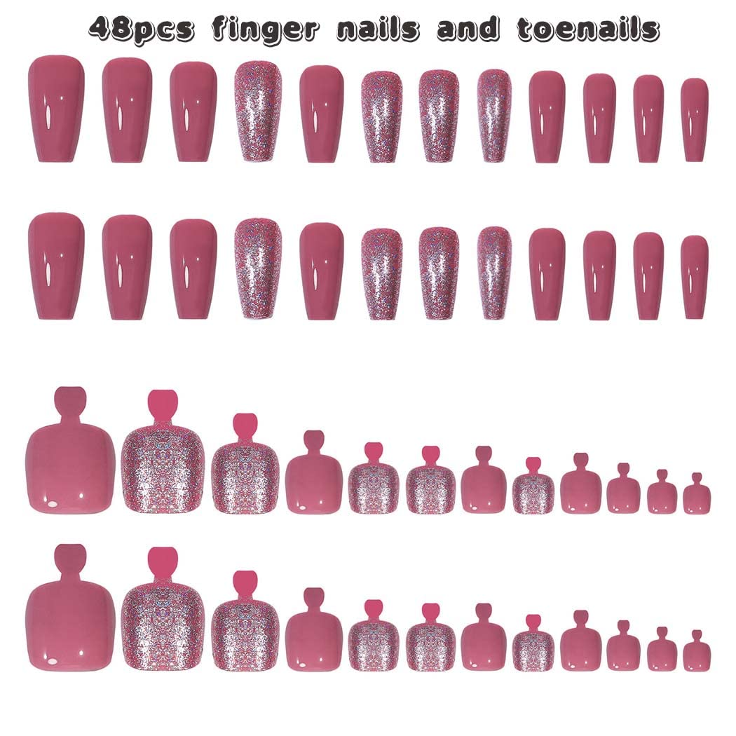 Stylish Pink Press-On Nail Set For Fingers And Toes, Shimmer And Glossy Finish-Free Shipping - Lady Luana Luxe Nails