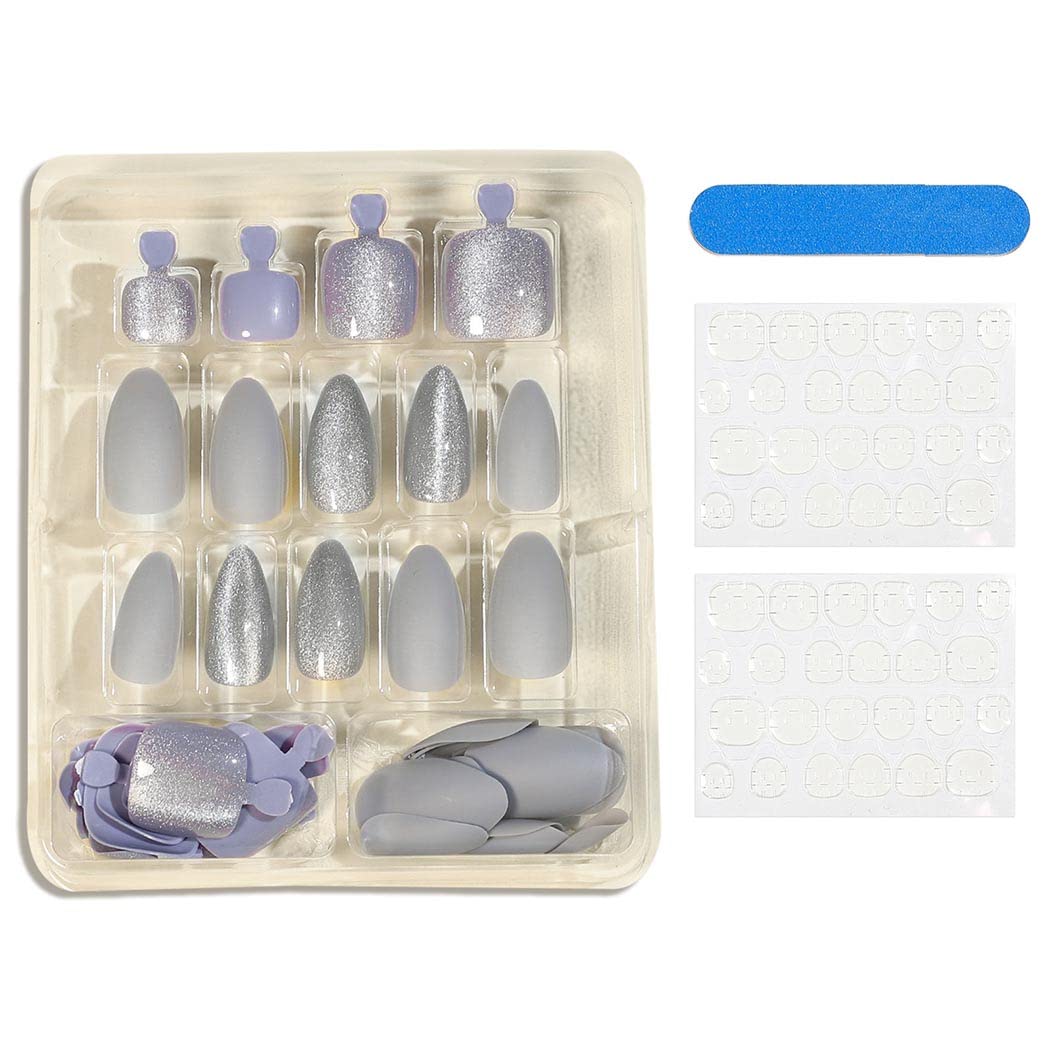Stylish Silver Press-On Nail Set For Fingers And Toes, Shimmer And Glossy Finish-Free Shipping - Lady Luana Luxe Nails