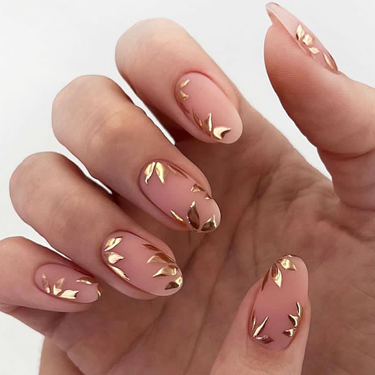 Trendy Gold Leaf Pink Almond Press-On Nails Acrylic Fake Gel on Nails-Free Shipping