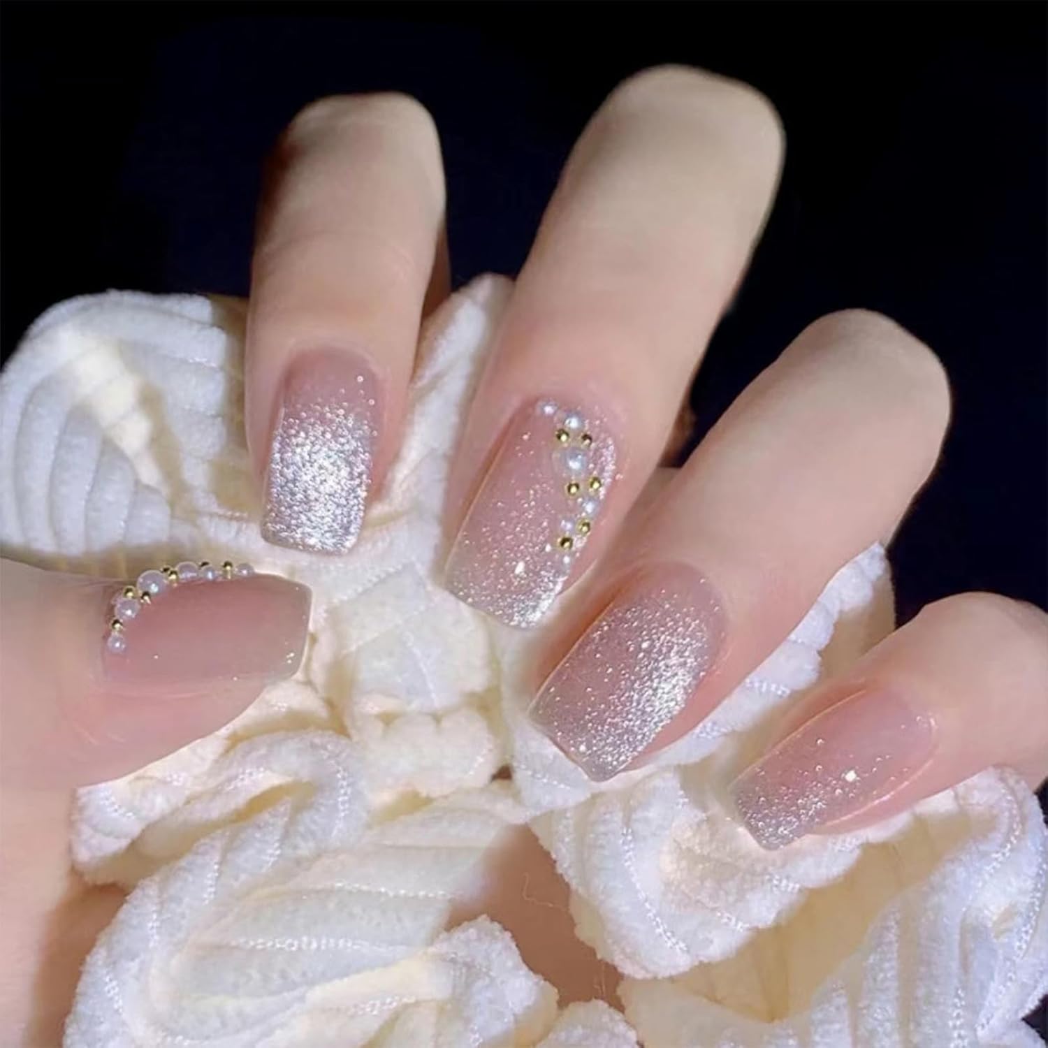 Pearl Rhinestones Glitter Press-On Nails Glitter Acrylic False Nails - Free Shipping
