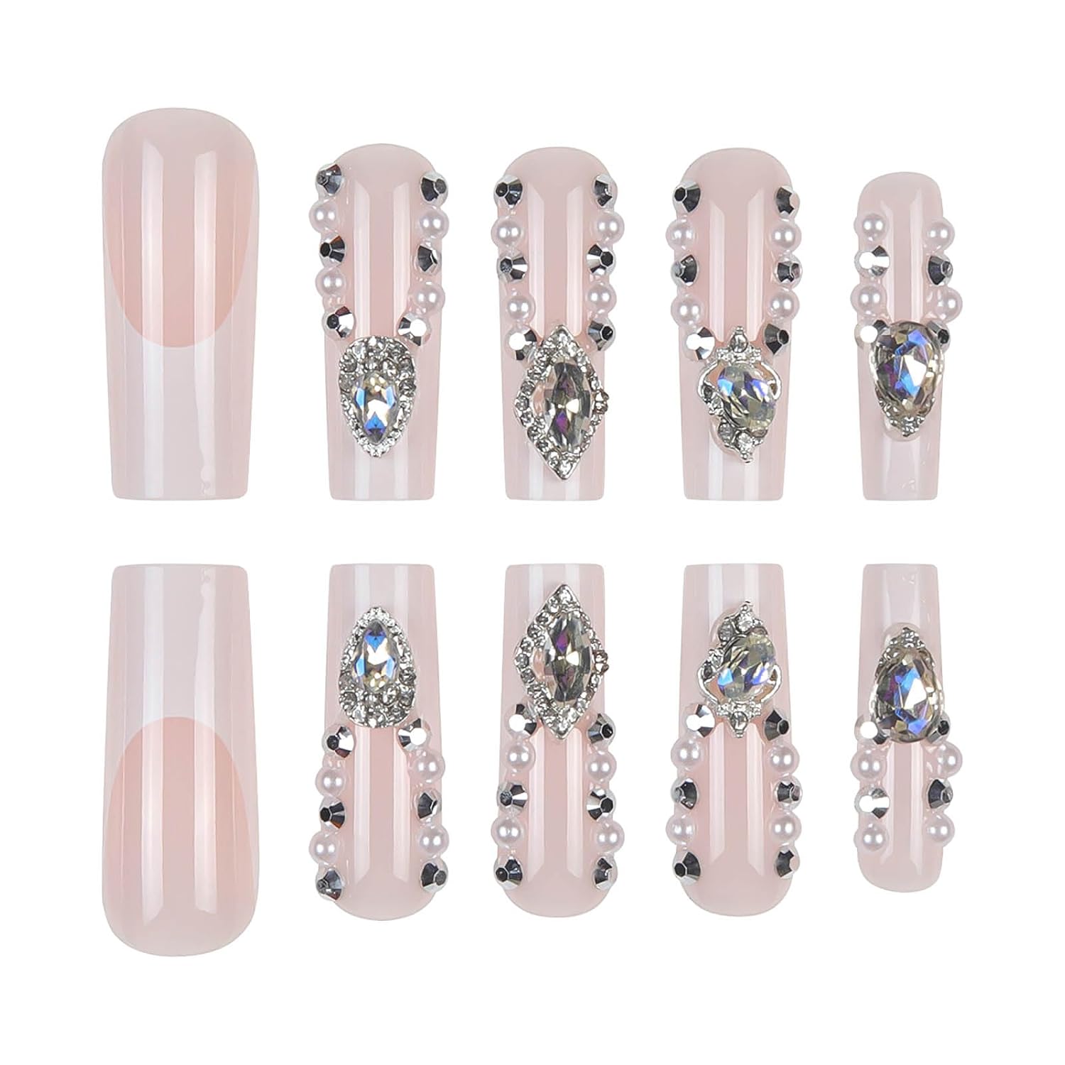 Pink Rhinestone French Coffin Press On Nails Acrylic Fake Nails-Free Shipping