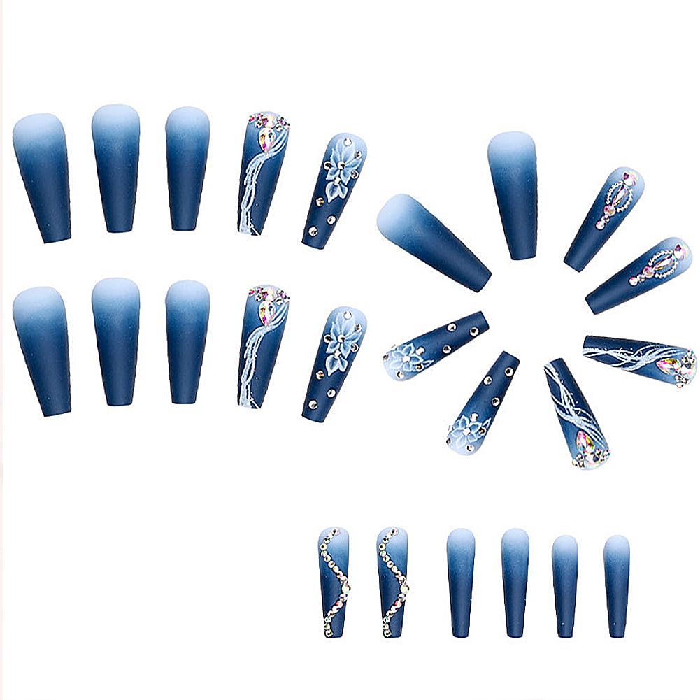 Blue Floral Rhinestone Long Coffin Press-On Nails Acrylic False Nails-Free Shipping
