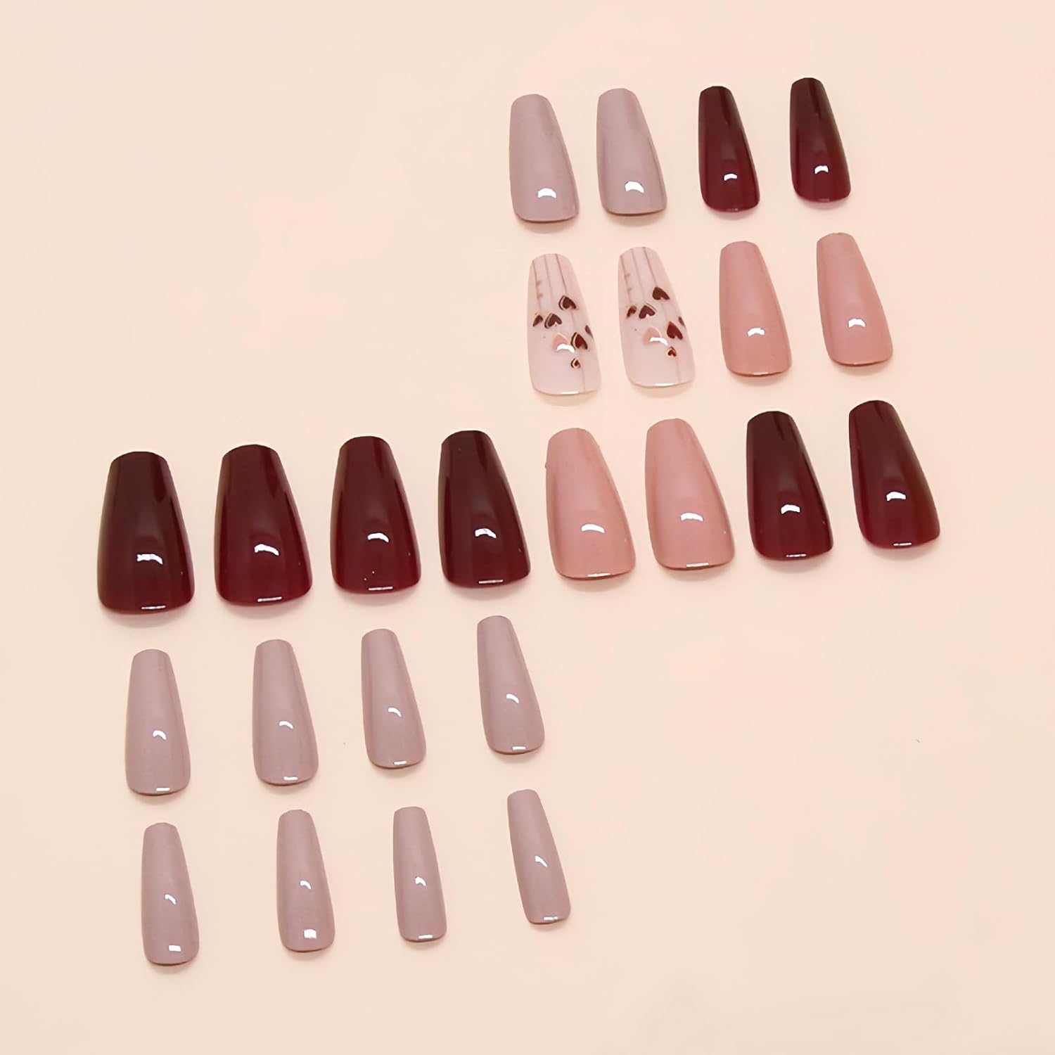 Valentines Press on Nails Medium Coffin Fake Nails with Love Heart Design Full Cover False Nails Cute Pink Heart Artificial Nails Valentines Day Stick on Nails for Women Girls 24 Pcs