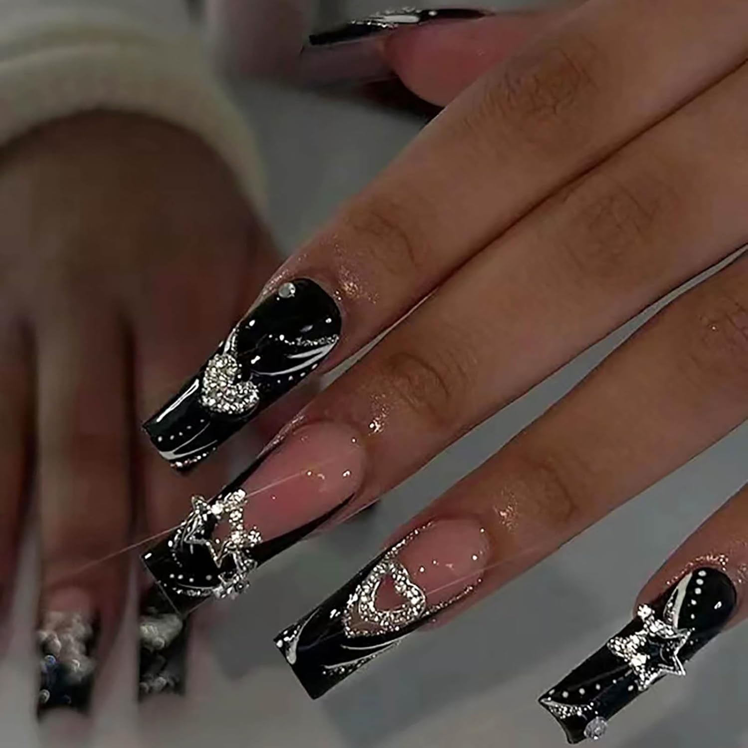 Sparkling Rhinestone Heart Star Black Long Coffin Press-On Nails Acrylic False Nails-Free Shipping