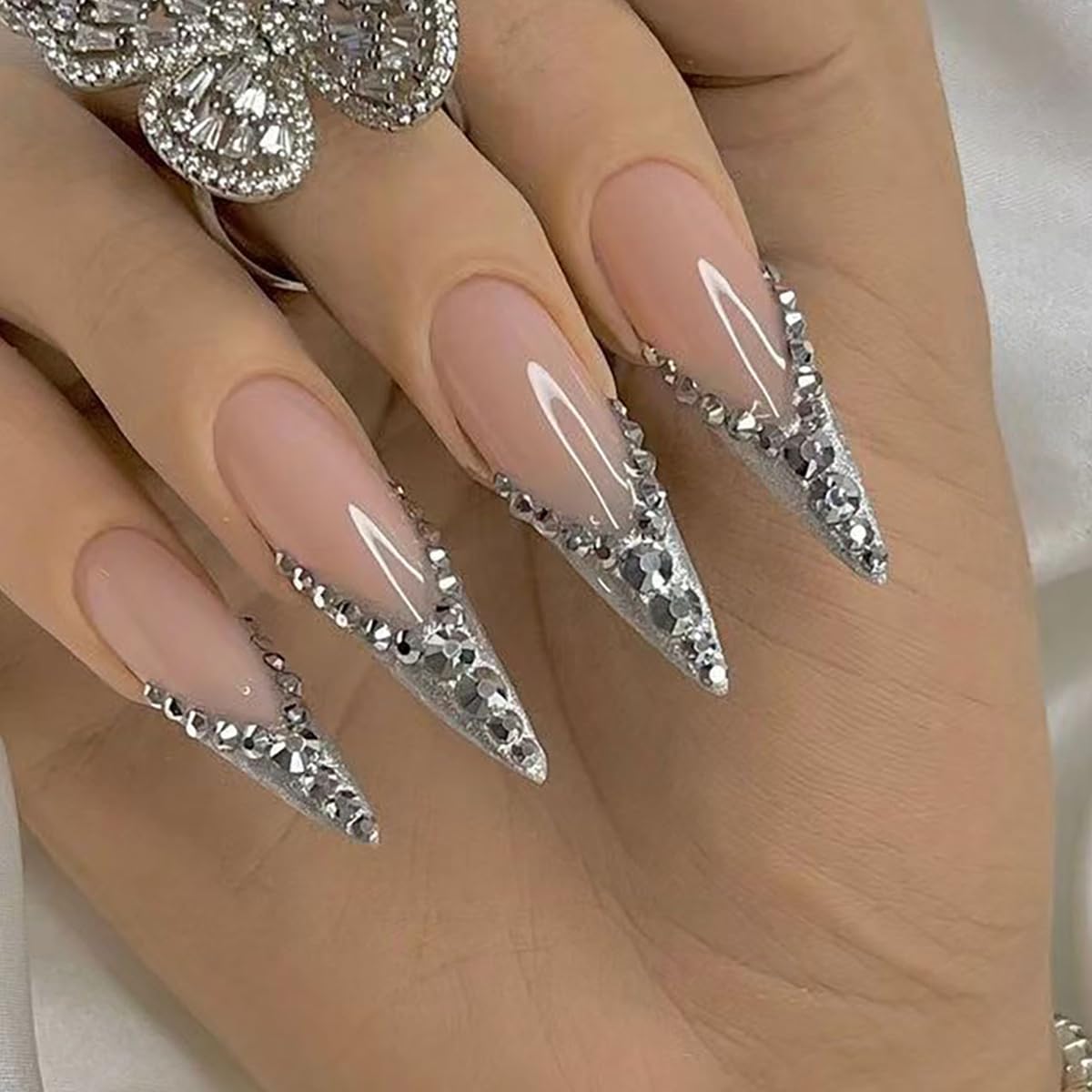 Stiletto Silver Glitter PressOn Fancy Nails French Tips-Free Shipping - Lady Luana Luxe Nails
