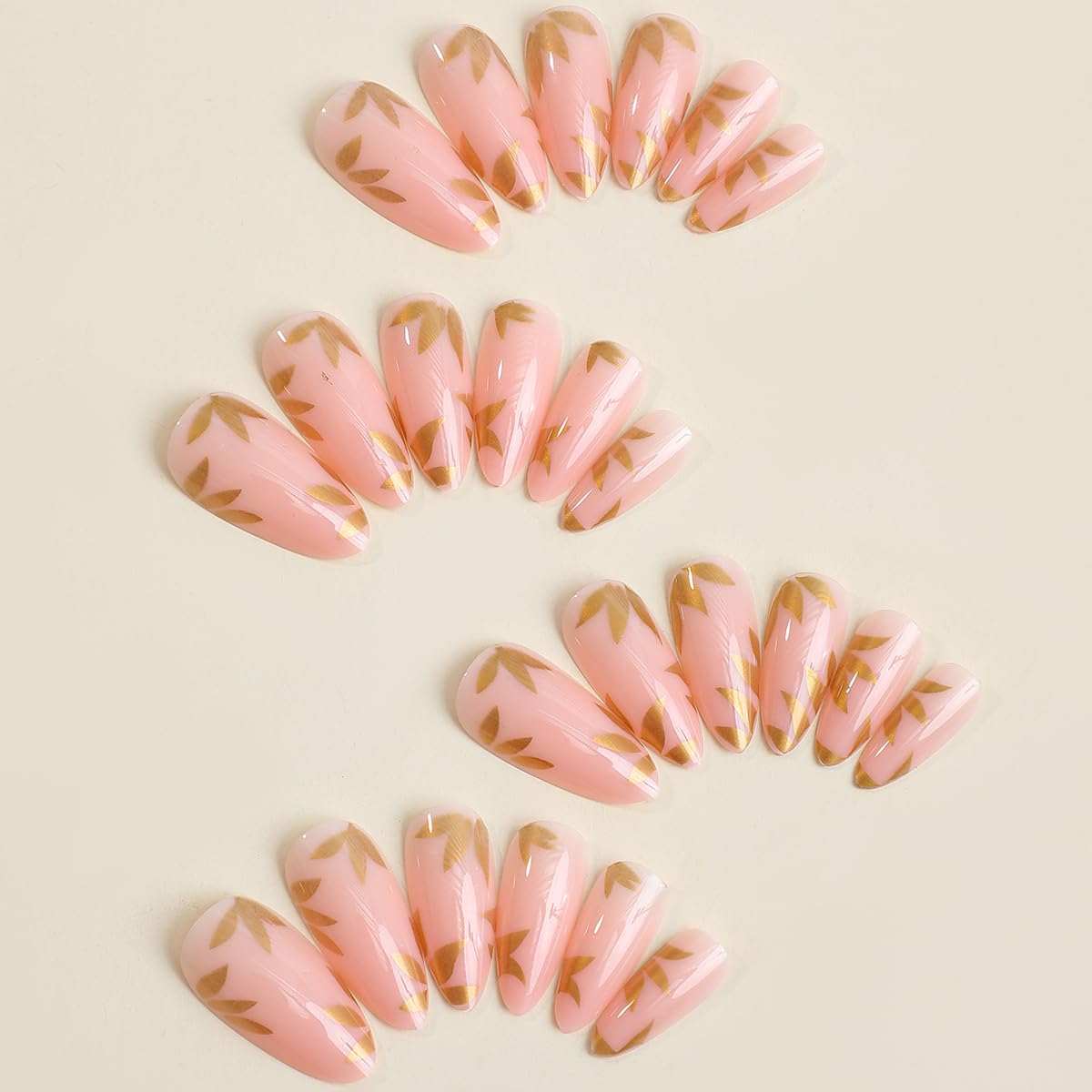 Trendy Gold Leaf Pink Almond Press-On Nails Acrylic Fake Gel on Nails-Free Shipping