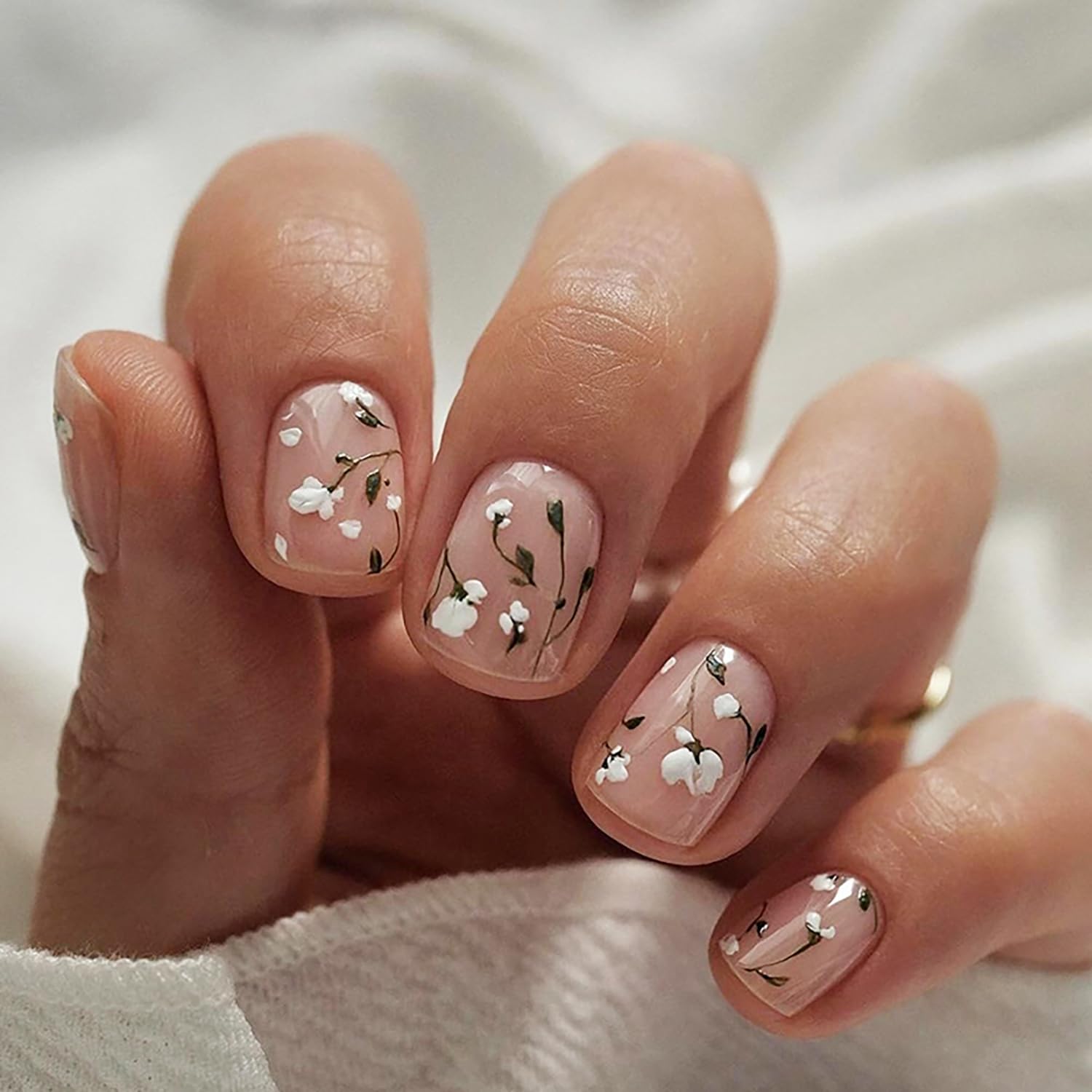Soft White Bloom Flower Press on Nails - 24 Pcs Medium Square Full Cover Fake Nails - Free Shipping