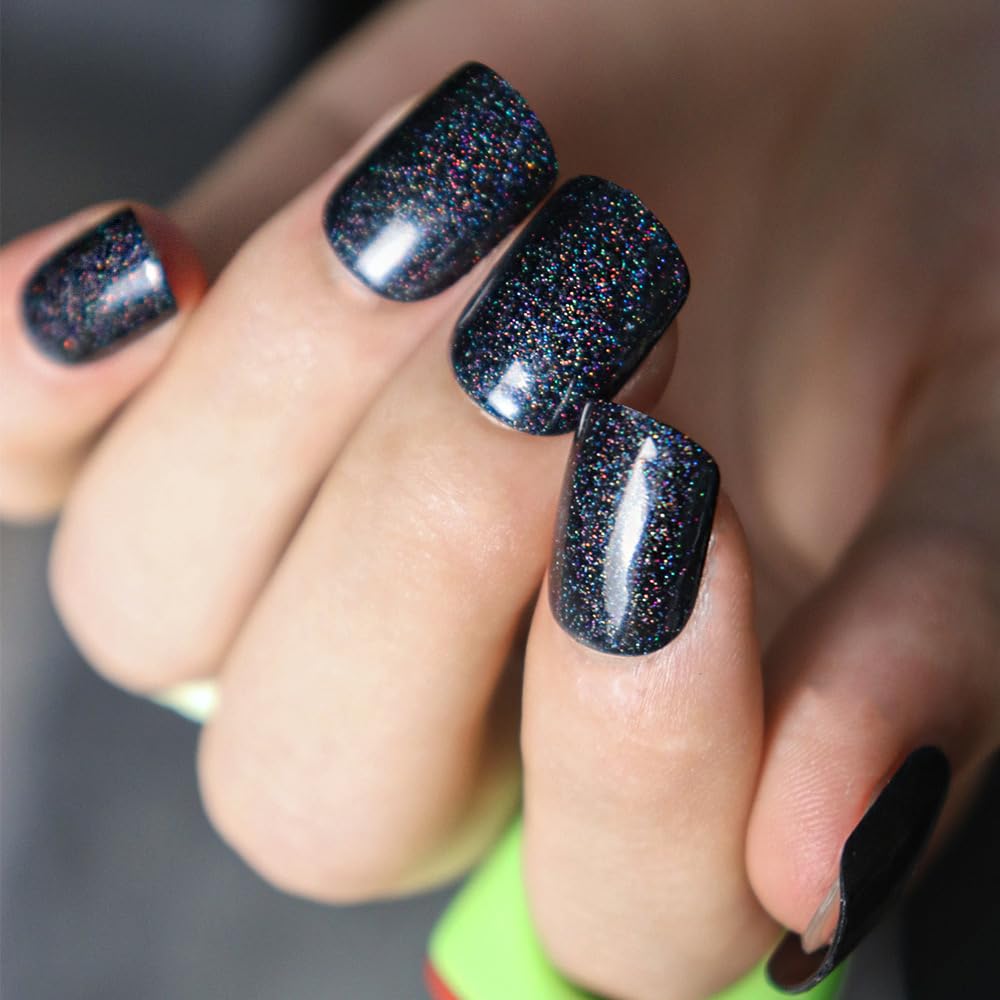 Black Shimmer Glossy Press-On Nails Square Acrylic Glitter False Nails – Free Shipping