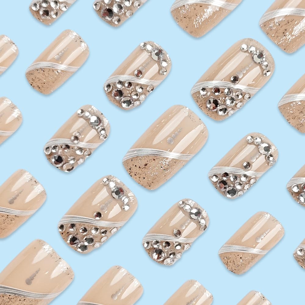 Glitter French Finger Short Square False Nails French Finger False Nails with Diamond Glitter Design Full Cover Acrylic Nails Diamond Gel Nails Women's Manicure 24pcs