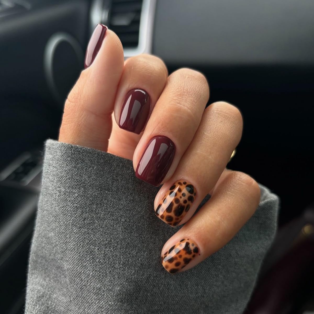 Maroon Nails with Leopard Flair