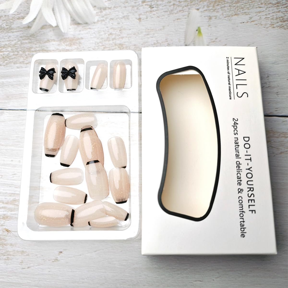 Black Glitter Bow Press on Nails - 24 Pcs Medium Square Full Cover Fake Nails - Free Shipping