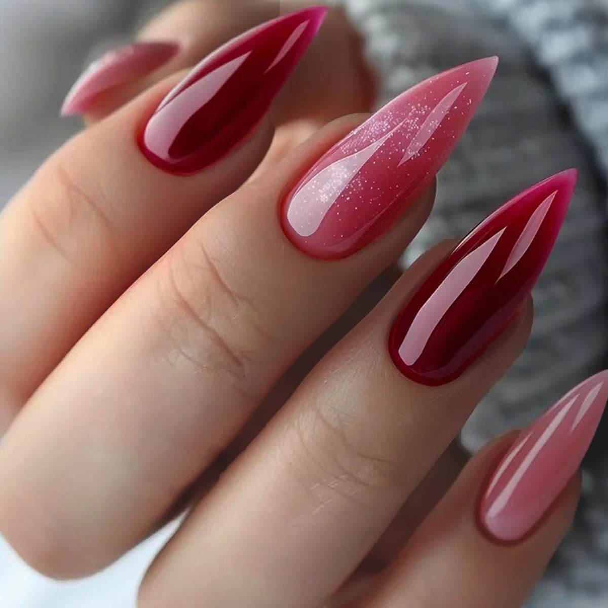 Stiletto Press On Pink Ombre Red Cherry Bare-Free Shipping - Lady Luana Luxe Nails