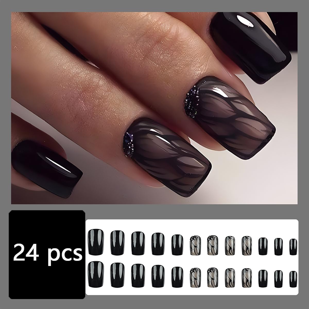 Black Rhinestones Press-On Nails Set-Medium Length, Square Shape, Reusable Acrylic False Nails-Free Shipping
