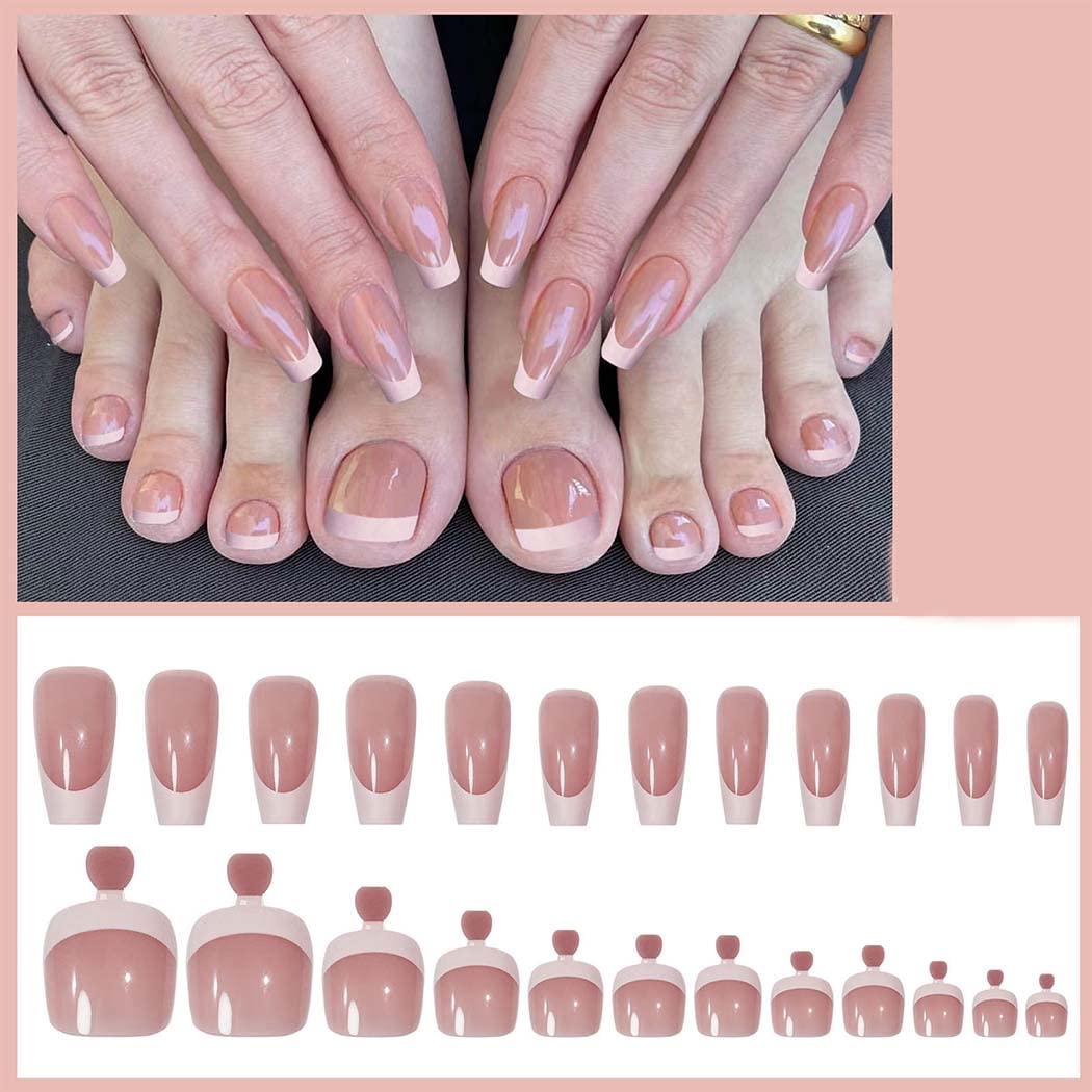 Red French Nude Press-On Nail Set For Fingers And Toes, Shimmer And Glossy Finish-Free Shipping - Lady Luana Luxe Nails