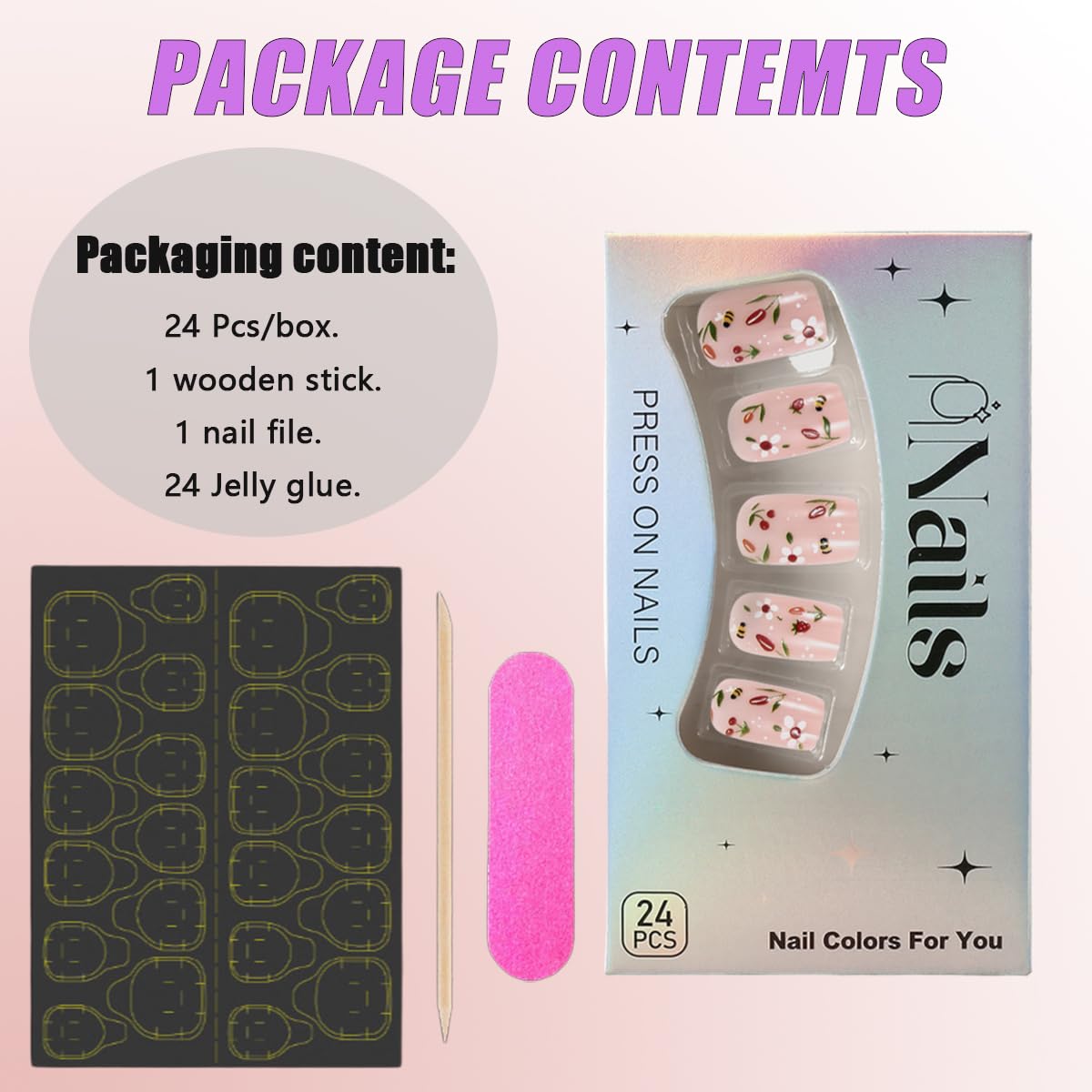 Bee Tulip Floral Press-On Nails Set-Medium Length, Square Shape, Reusable Acrylic False Nails-Free Shipping