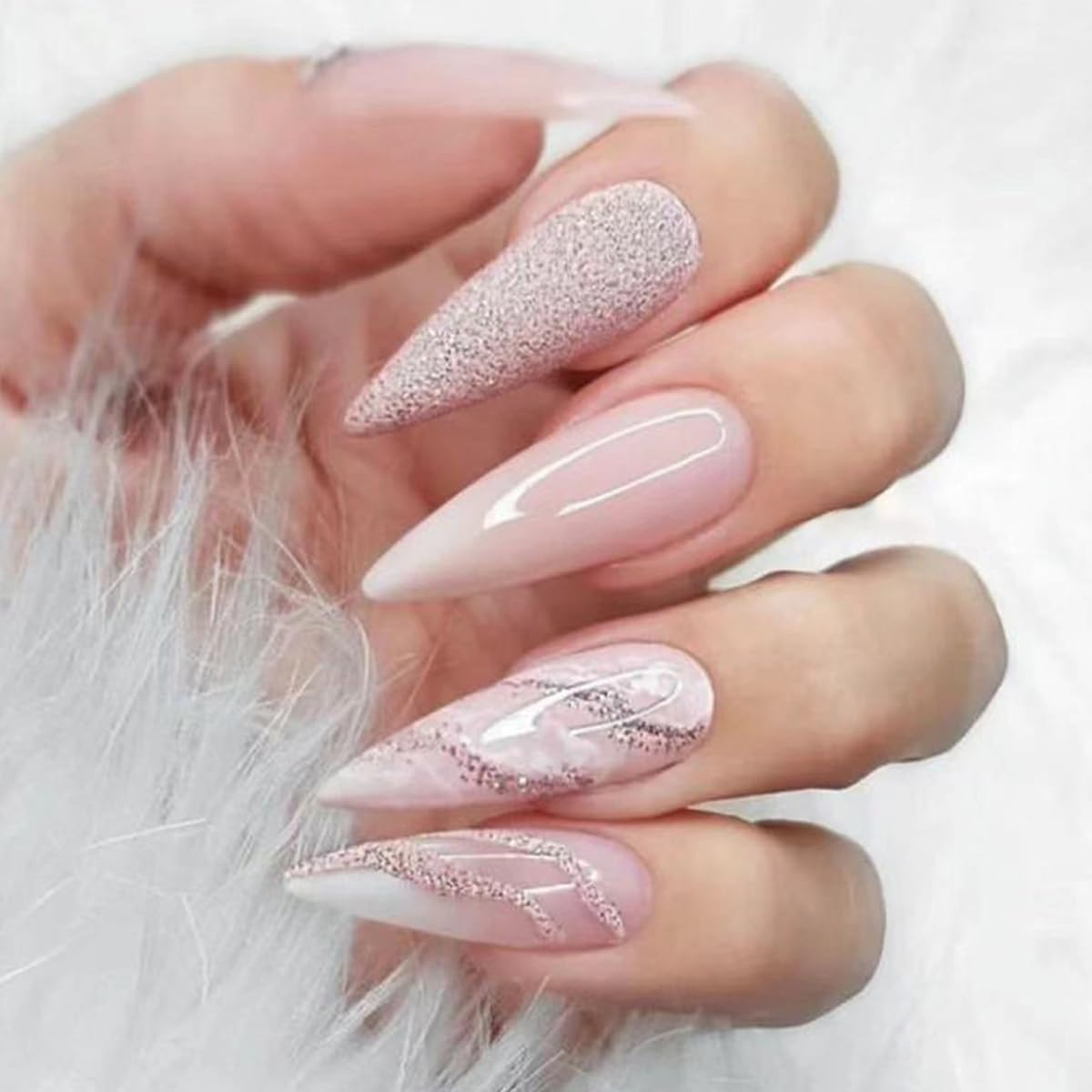 Stiletto Press on Nails Pink White Marble Curve - Lady Luana Luxe Nails