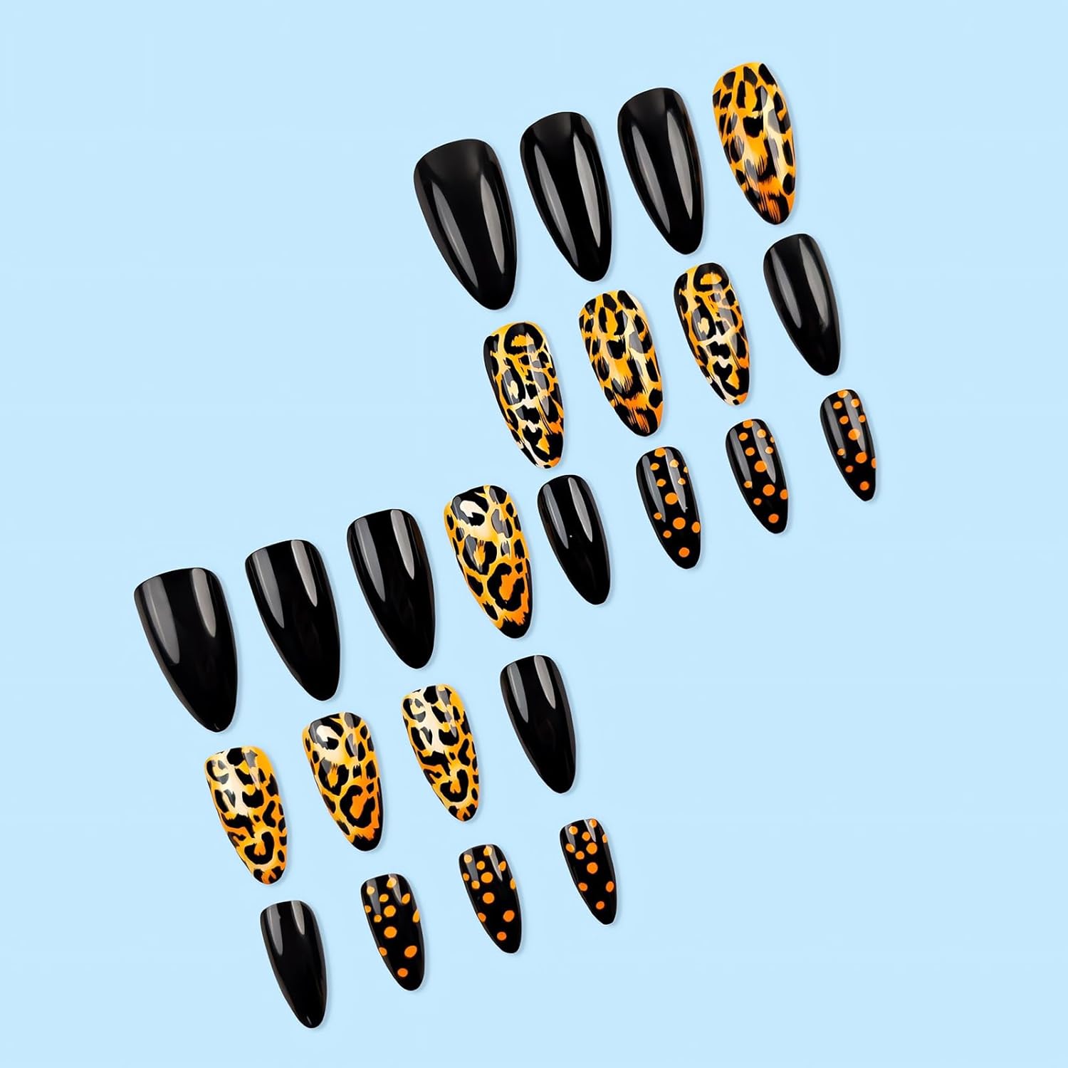 Leopard Press on Nails Almond Medium Fake Nails Gold Black Glue on Nails Full Cover Acrylic False Nail Tips Glossy Artificial Nails Medium Almond Stick on Nails for Women Manicure Decorations
