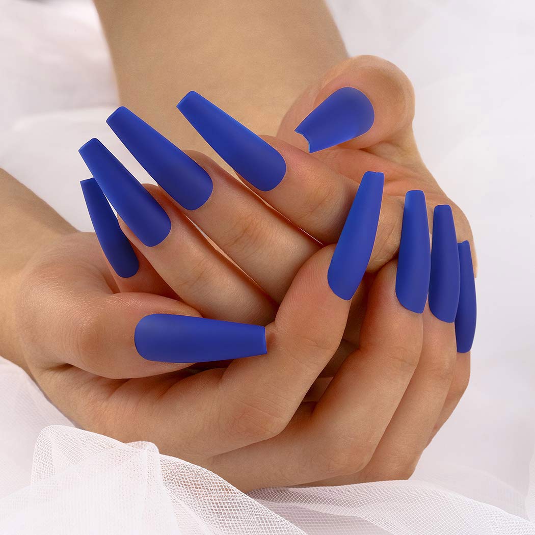 Blue Matte Long Coffin Press-On Nails Acrylic Full Cover Fake Nails – Free Shipping