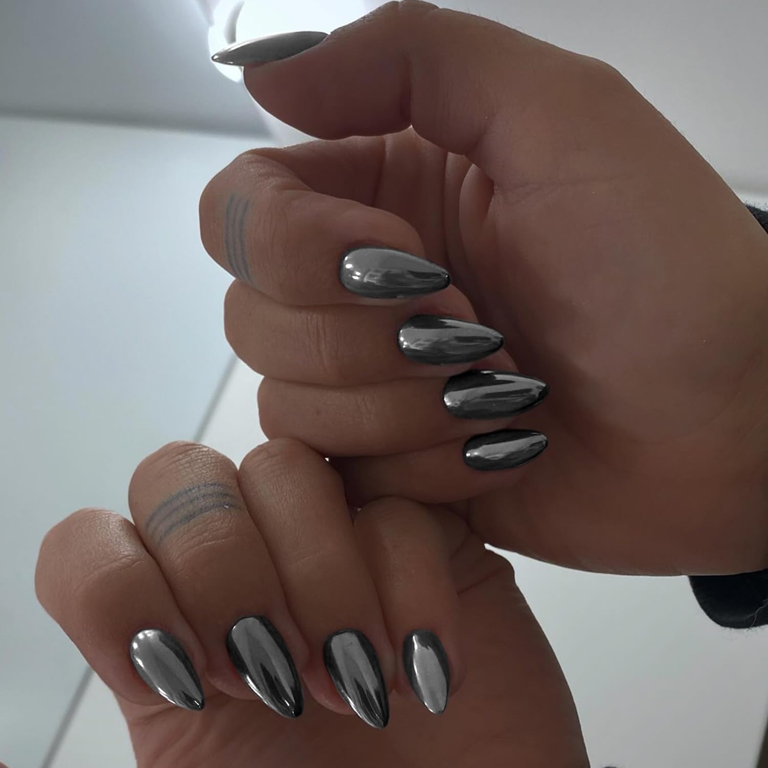 Black Chrome Metal Press-On Nails Almond False Nails - Free Shipping
