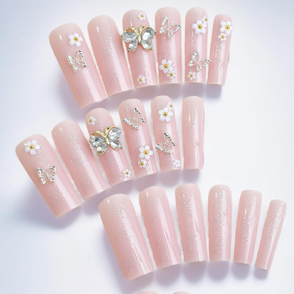 3D Butterfly Glitter Flower Long Coffin Press-On Acrylic False Nails - Free Shipping