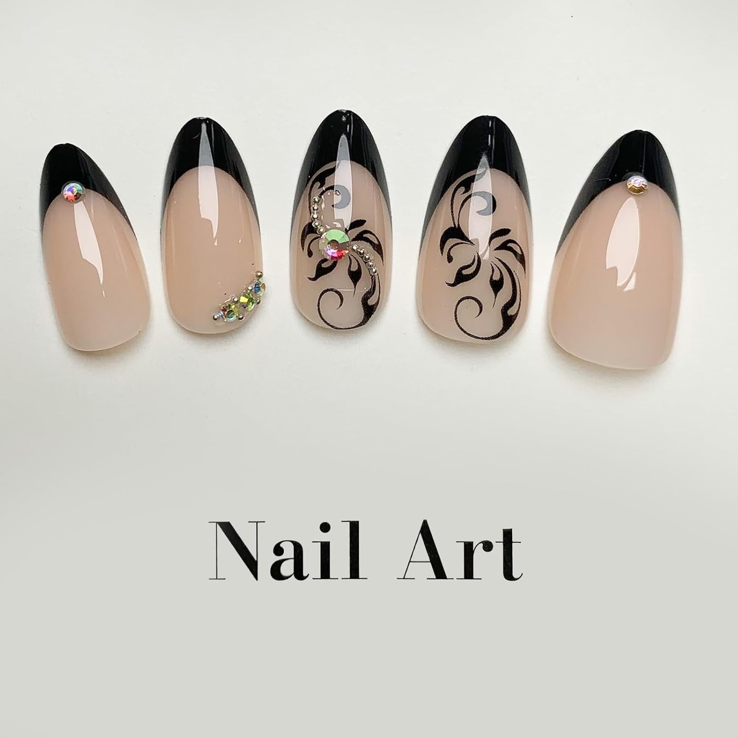 Chic Floral Rhinestone Black French Press-On Nails Acrylic Fake Nails-Free Shipping