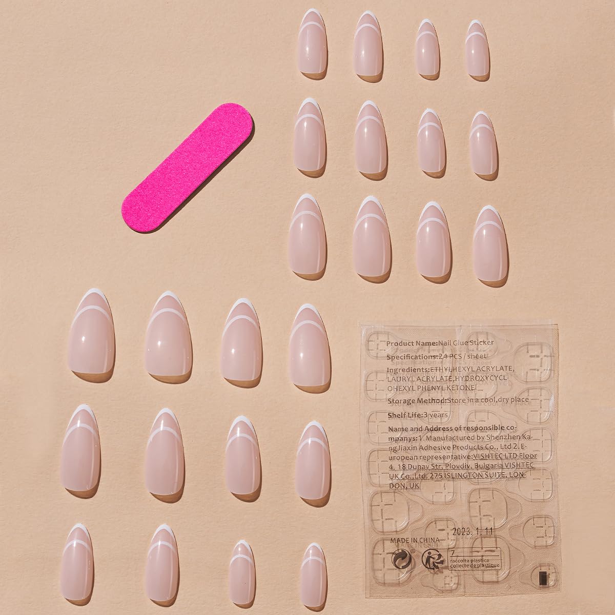 White Abstract Pink Almond French Press-On Nails Fake Acrylic Gel on Nails - Free Shipping