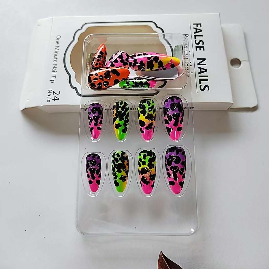 Colorful Leopard Print Almond Press-On Nails Acrylic Nails - Free Shipping