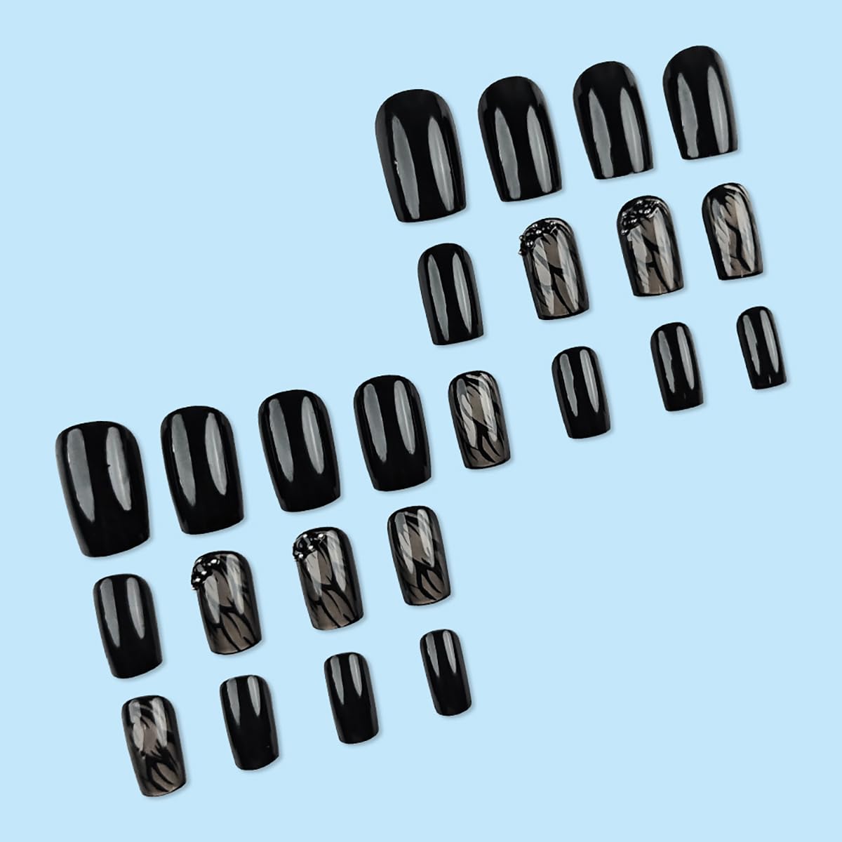 Black Rhinestones Press-On Nails Set-Medium Length, Square Shape, Reusable Acrylic False Nails-Free Shipping