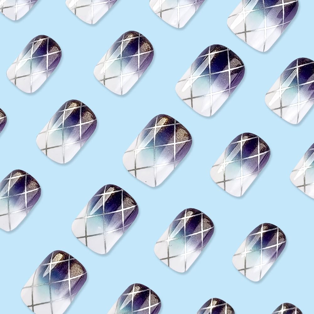 Abstract Plaid Ombre Press-On Nails Square Acrylic False Nails-Free Shipping