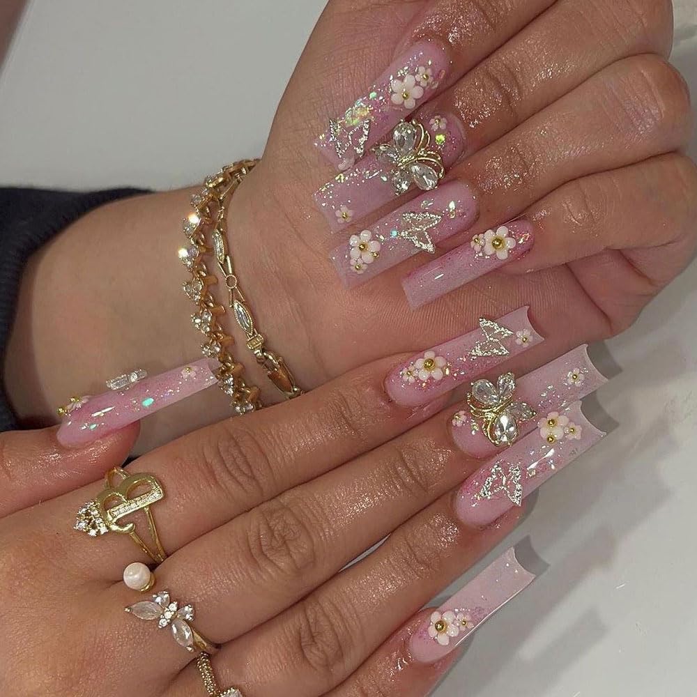 3D Butterfly Glitter Flower Long Coffin Press-On Acrylic False Nails - Free Shipping