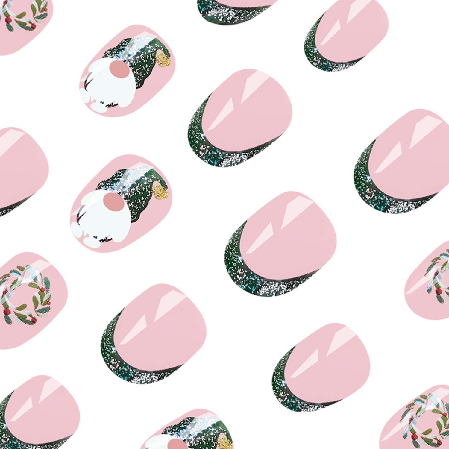 Santa Claus Gnome Glitter Wreath Press-On Nails Acrylic Full Cover Christmas Fake Nails - Free Shipping