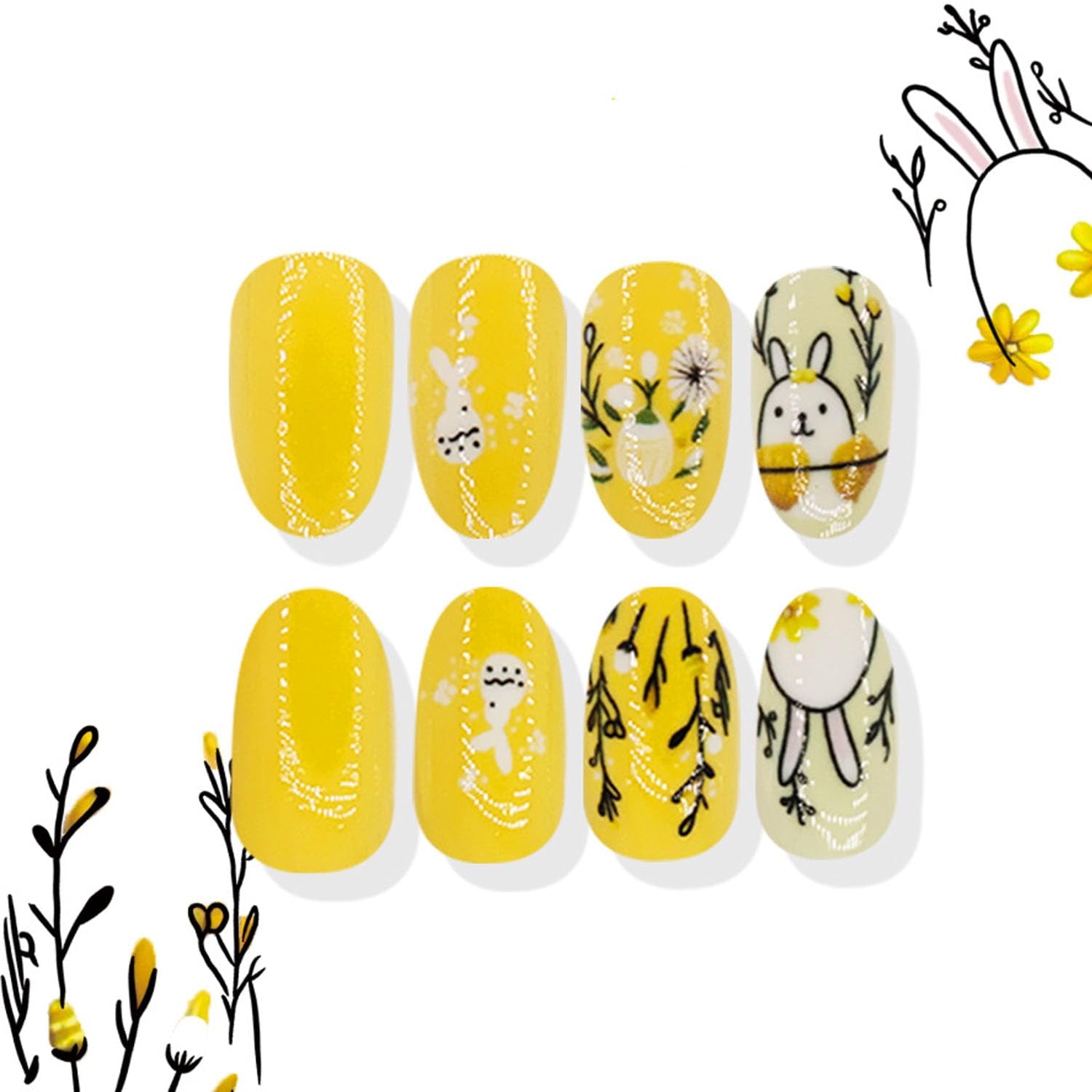 Easter Press On Nails Short Fake Nails with Glue Rabbit Eggs Pattern Design Flower False Nails Easter Press Ons Cute Bunny Stick on Nails Artificial Nails Finger Manicure for Women 24Pcs