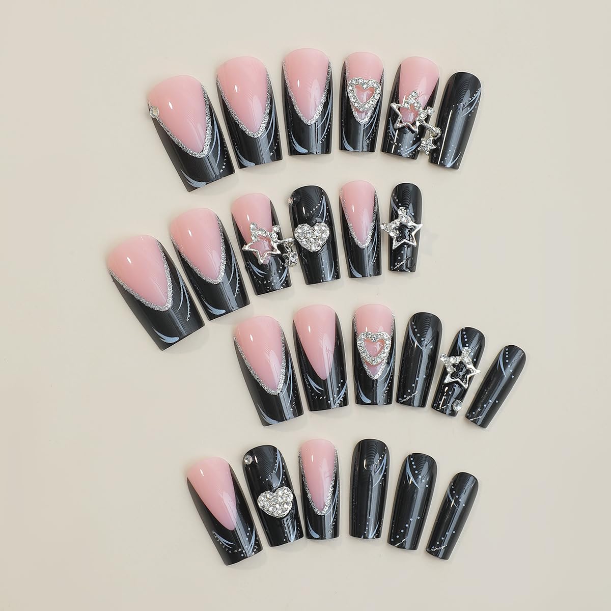 Sparkling Rhinestone Heart Star Black Long Coffin Press-On Nails Acrylic False Nails-Free Shipping