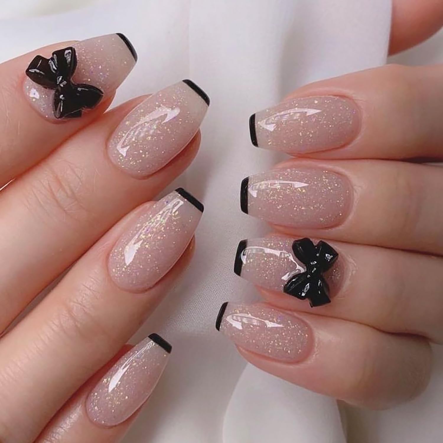 Black Glitter Bow Press on Nails - 24 Pcs Medium Square Full Cover Fake Nails - Free Shipping