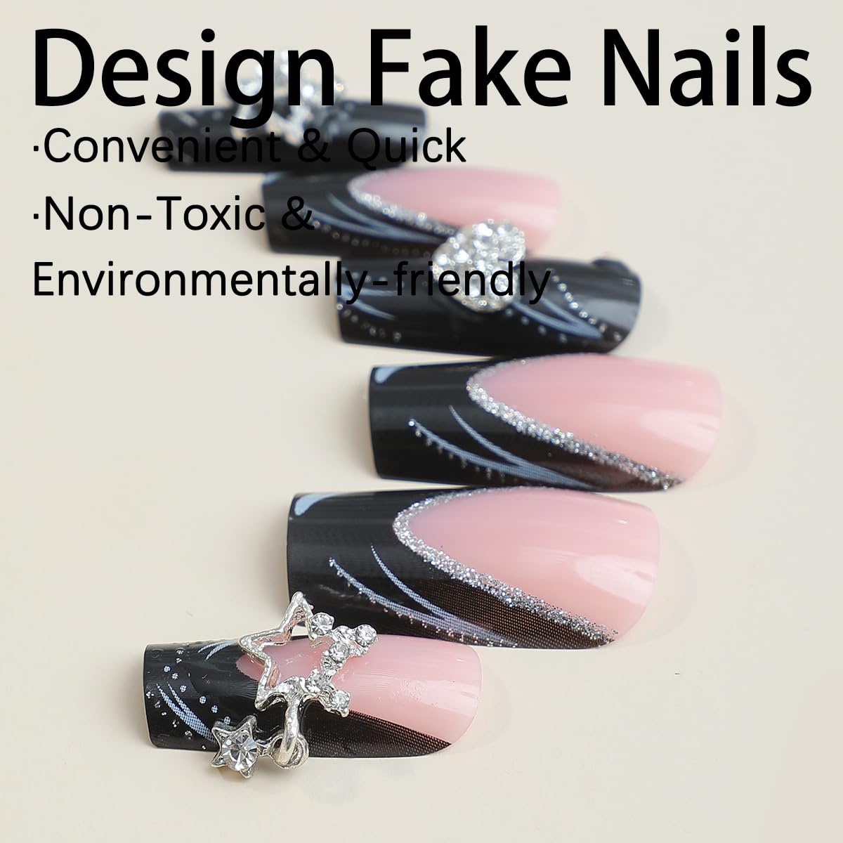 Sparkling Rhinestone Heart Star Black Long Coffin Press-On Nails Acrylic False Nails-Free Shipping