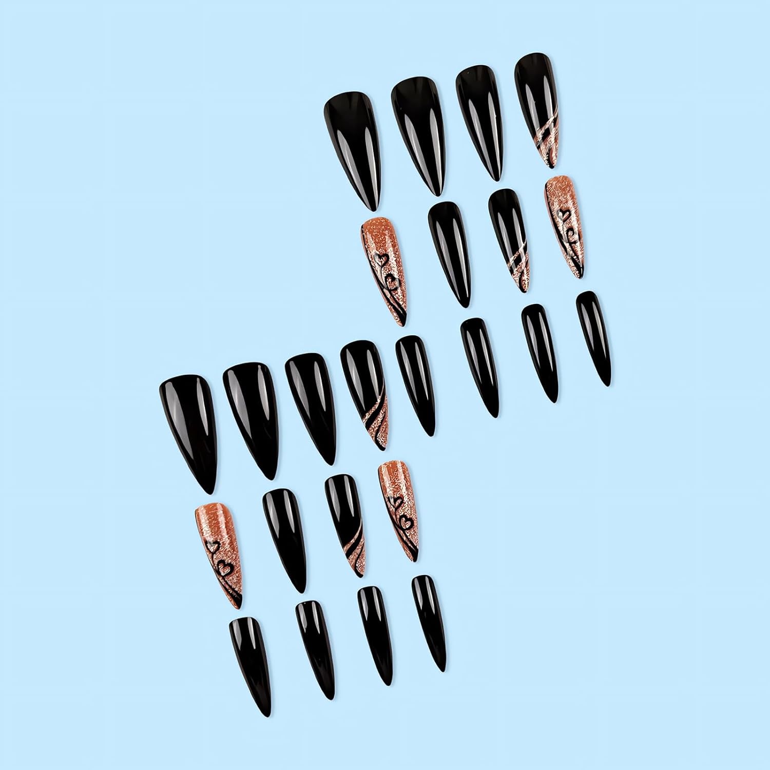 Long Stiletto Press on Nails Black Fake Nails Small Heart Glue on Nails Valentine’s Day Nail Art Decorations Glossy Full Cover Glue on Nails Long Almond Acrylic Nails Stick on Nails for Women 24Pcs