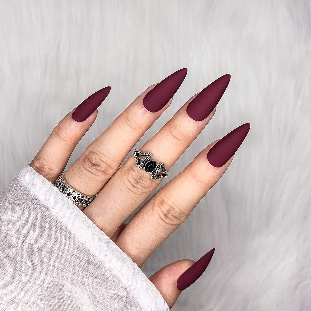 Elegant Black Medium Matte Stiletto Press-On Fake Nails–Trendy Artificial Manicure for Effortless Style-Free Shipping