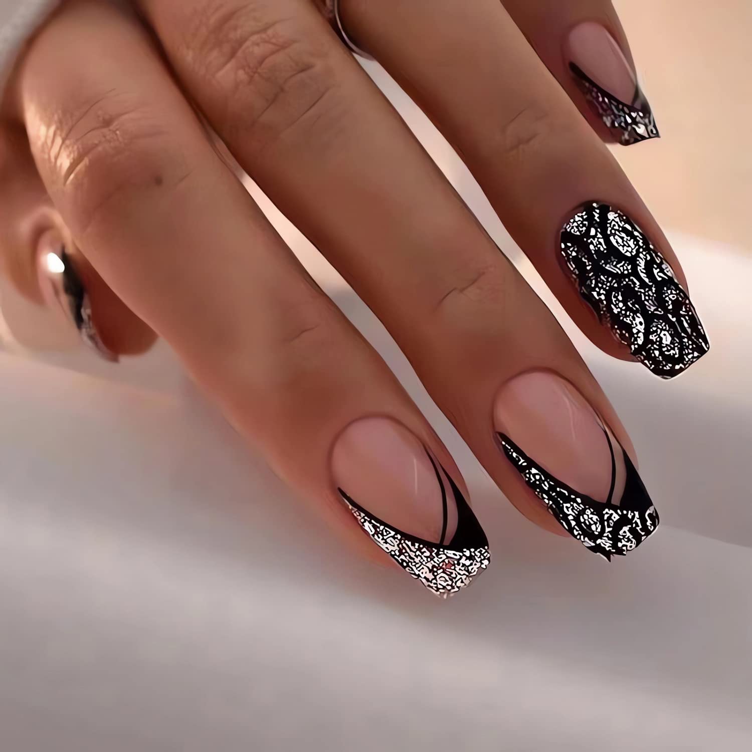 Silver Black Coffin Press-On Nails Glitter Acrylic Fake Nails - Free Shipping
