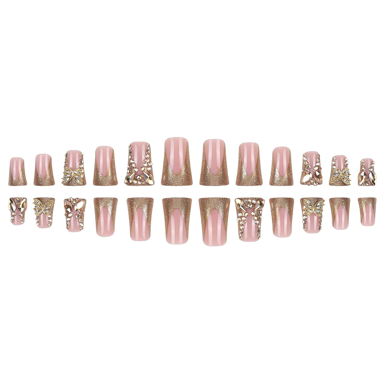 Gold Glitter 3D Butterfly Duck Nails French Tip Press-On Glue Nails-Free Shipping