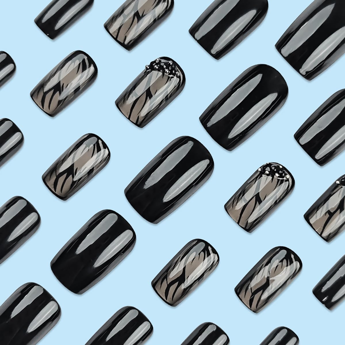 Black Rhinestones Press-On Nails Set-Medium Length, Square Shape, Reusable Acrylic False Nails-Free Shipping