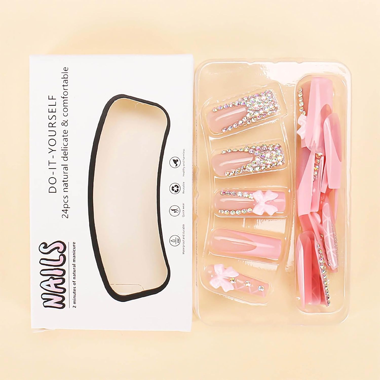 Chic Pink Bow and Rhinestone Coffin French Tip Press-On Nails Fake Nails-Free Shipping