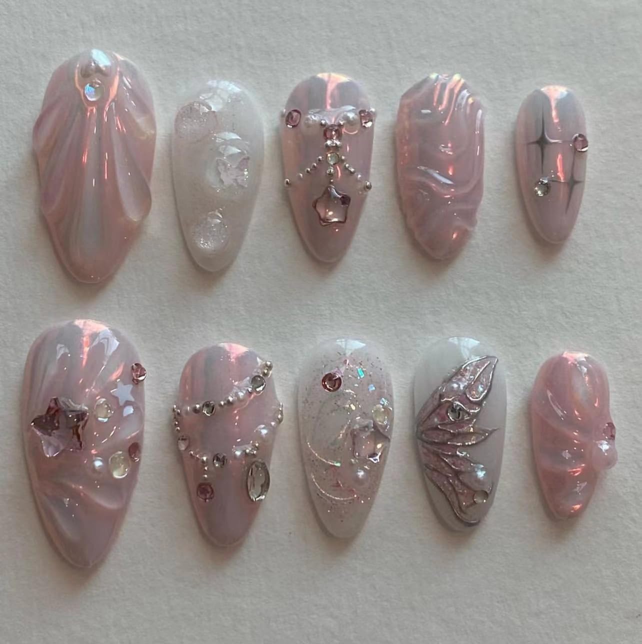24Pcs Flower Press on Nails Medium Almond Fake Nails with 3D Colorful Spring Floral Butterfly Design Gold Beads Rhinestones Charms False Nails French Tips Glue on Nails for Women Daily Wear