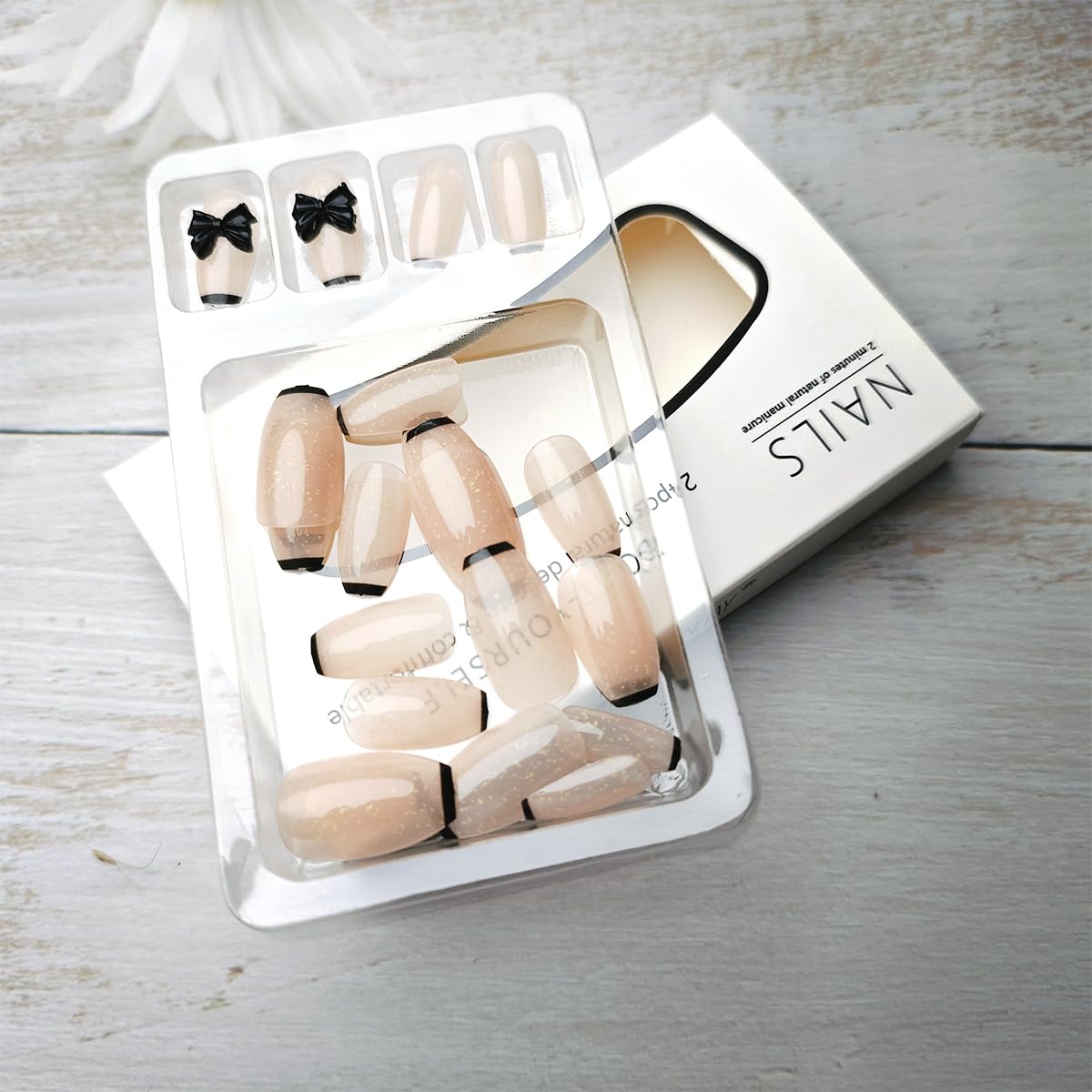 Black Glitter Bow Press on Nails - 24 Pcs Medium Square Full Cover Fake Nails - Free Shipping