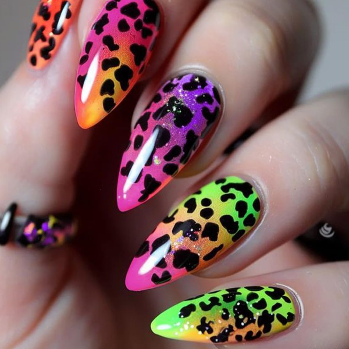 Colorful Leopard Print Almond Press-On Nails Acrylic Nails - Free Shipping