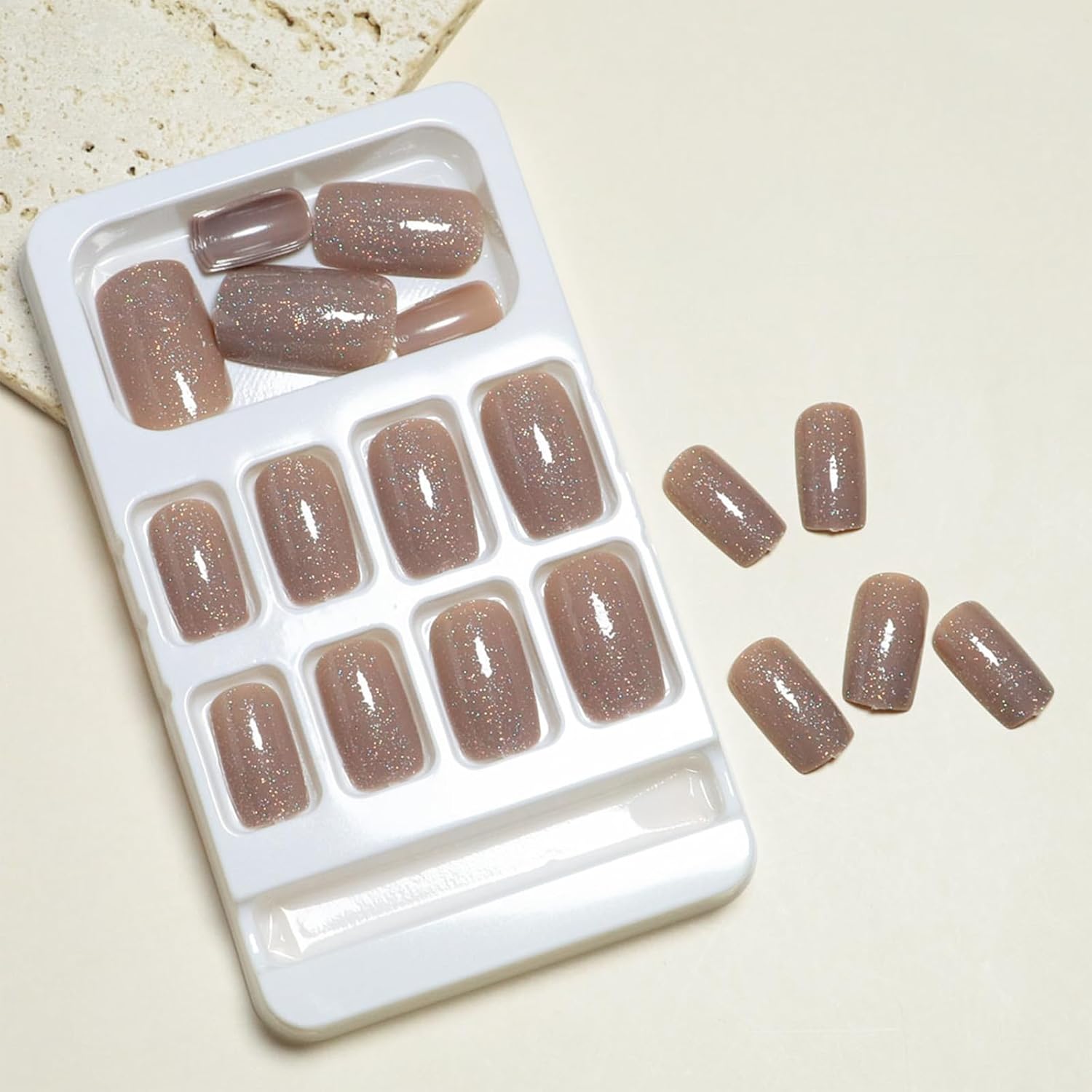 Champagne Glitter Square Press-On Nails Acrylic Fake Nails for Glamorous Style – Free Shipping