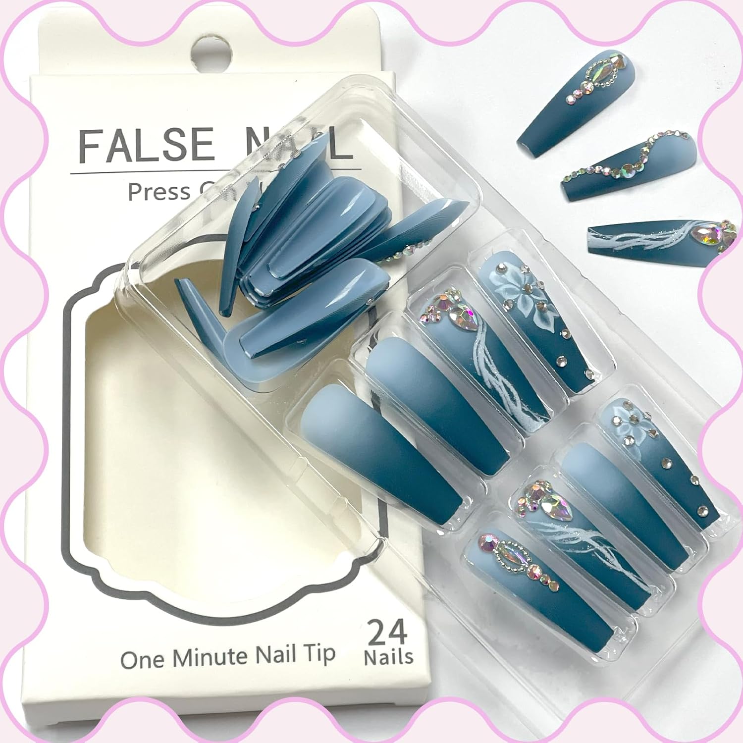 Blue Floral Rhinestone Long Coffin Press-On Nails Acrylic False Nails-Free Shipping